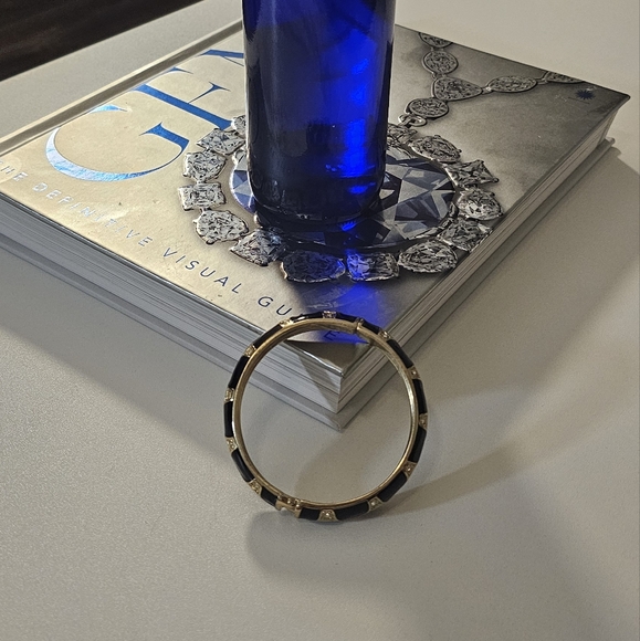 Vintage Gold Tone Enamel & Rhinestone Cuff Clamper Bracelet. - Picture 2 of 8